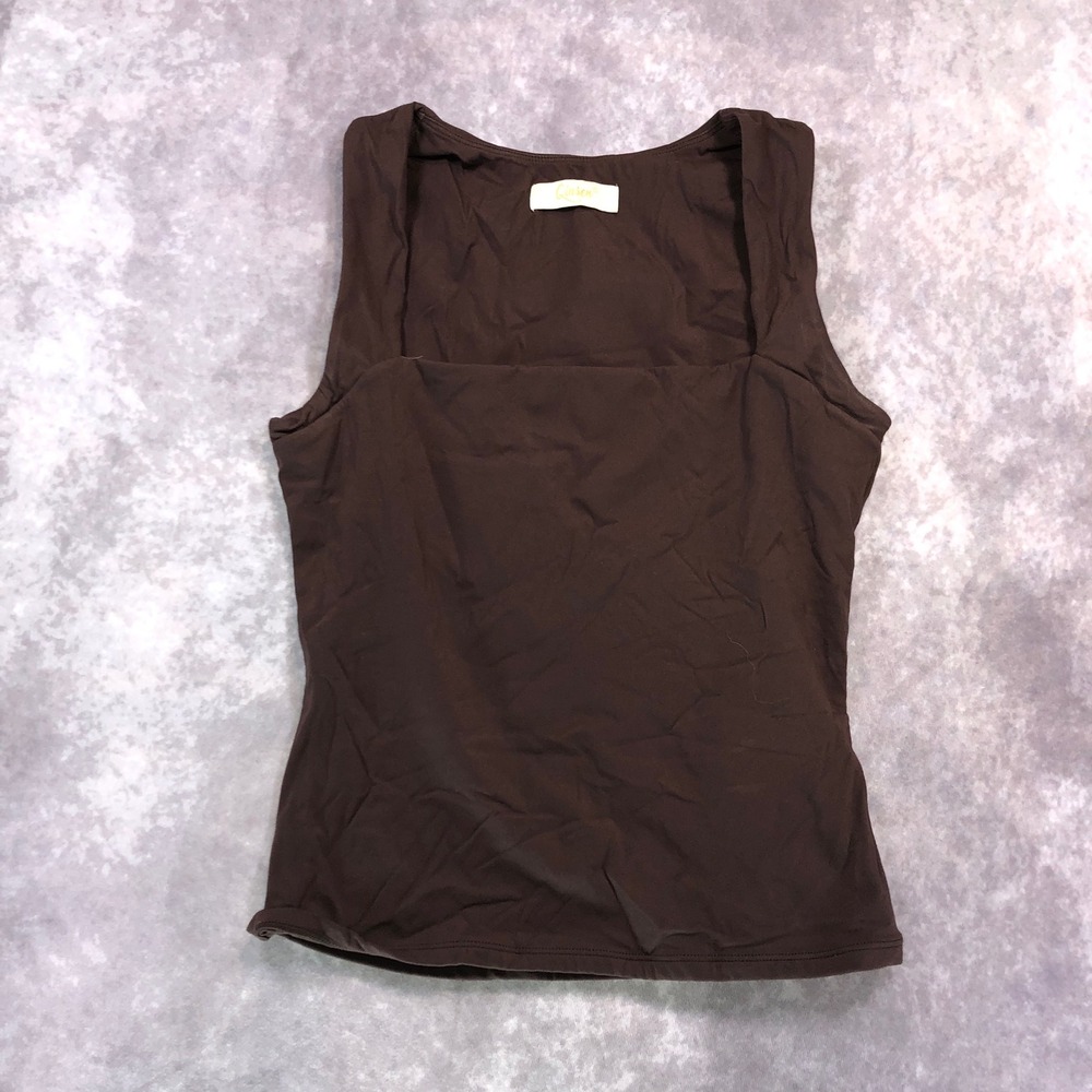 Qinsen Brown Square Neck Tank Top Sleeveless Double Lined Basic Bodysuit Style